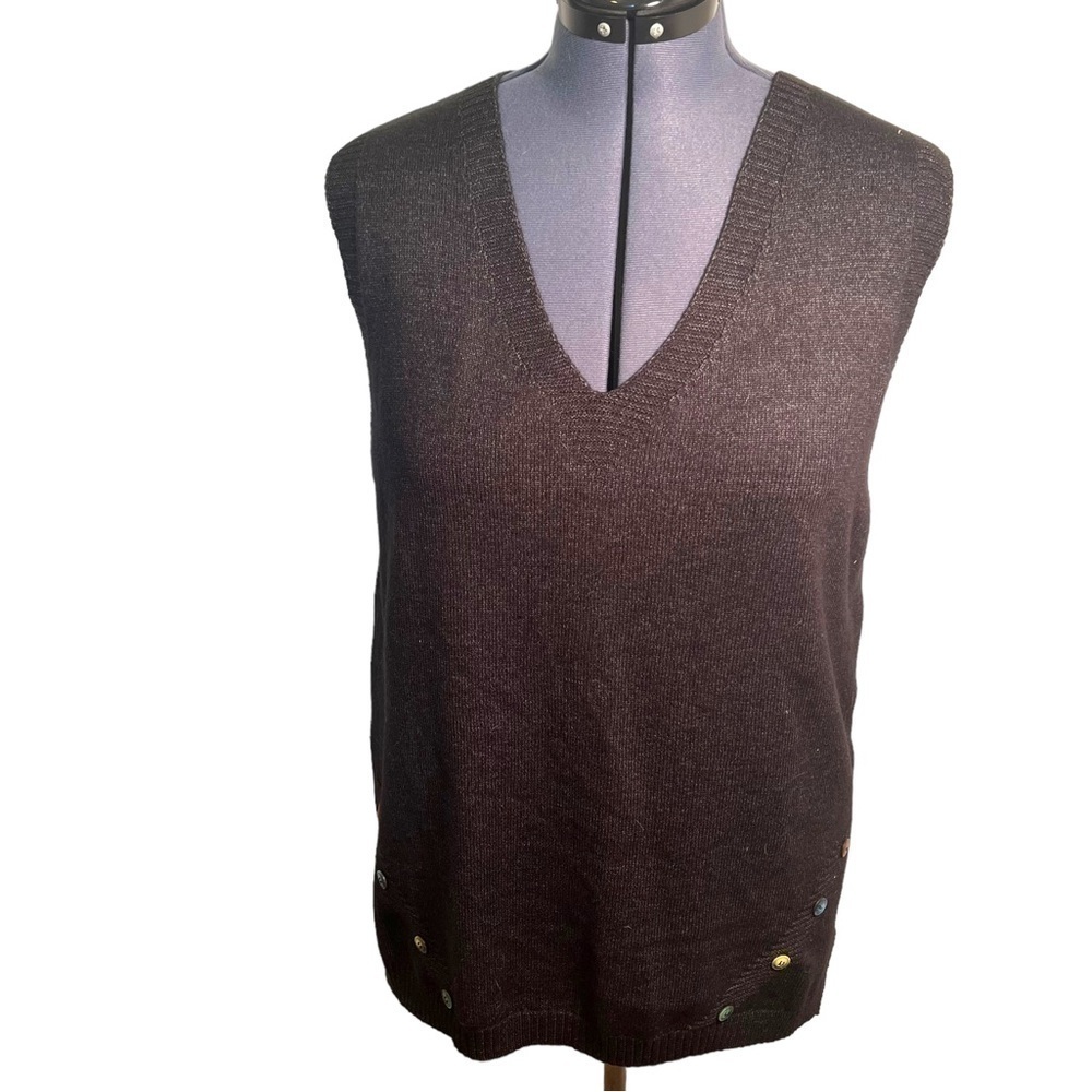 Women's V-Neck Tunic Sweater Vest Dark‎ Charcoal Gray Multicolor Buttons Vents